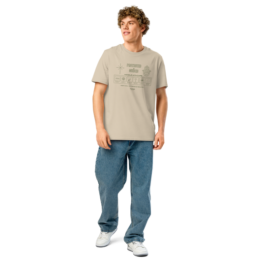 Guy wearing beige organic t-shirt with text 'Protected + guided' with symbols and graphics relating to it on a white background