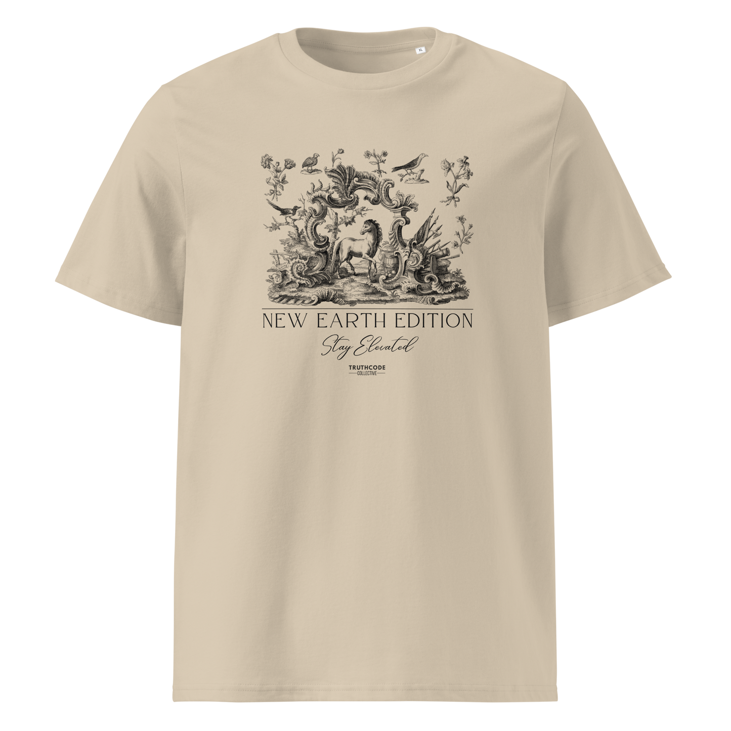Beige organic t-shirt with nature and animals graphic design and text 'New earth edition, stay elevated' on a white background
