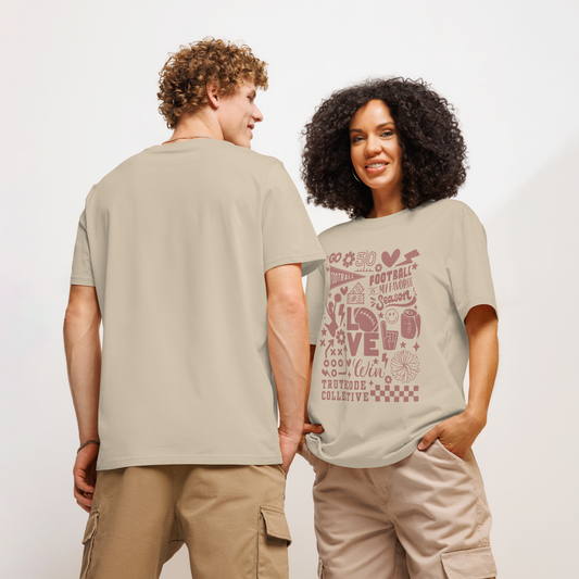 Models wearing beige organic t-shirt with football collage graphic design and text 'Football is my favorite season' on a white background