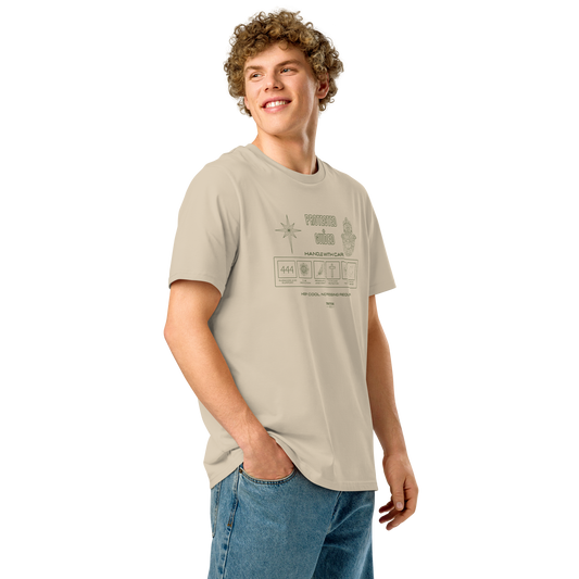 Guy wearing beige organic t-shirt with 'Protected + Guided' text and laundry tag style graphic design with elements relating to protection on a white background