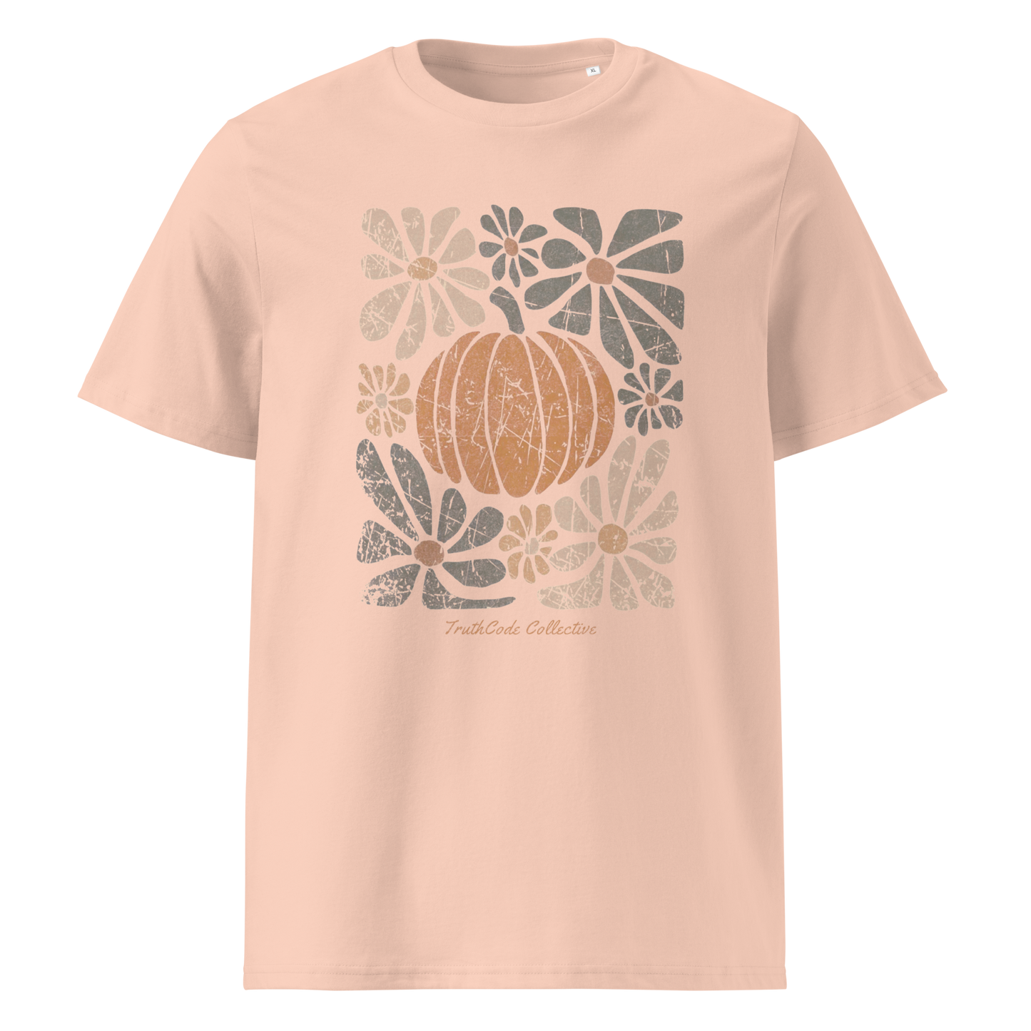 Peach organic t-shirt with a pumpkin and floral design on a white background