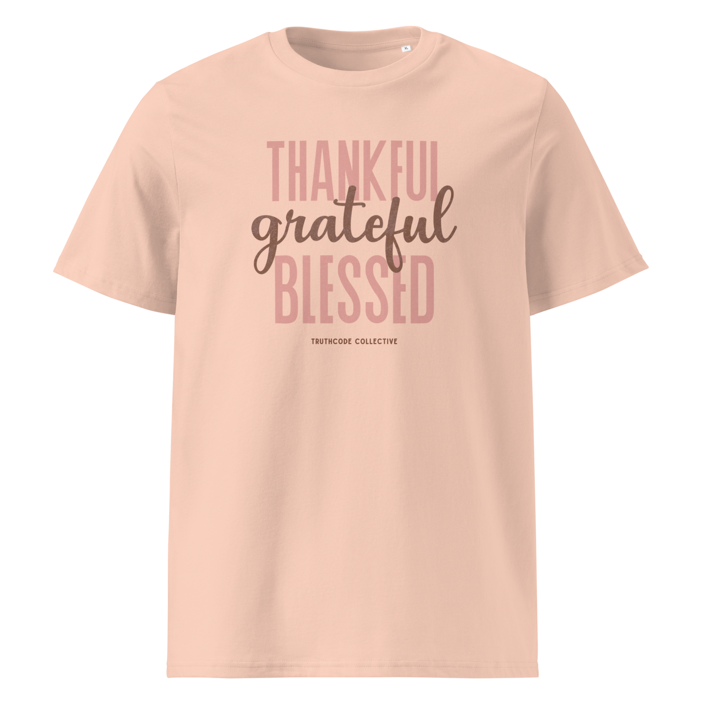 Peach organic t-shirt with 'Thankful grateful BLESSED' text on a white background