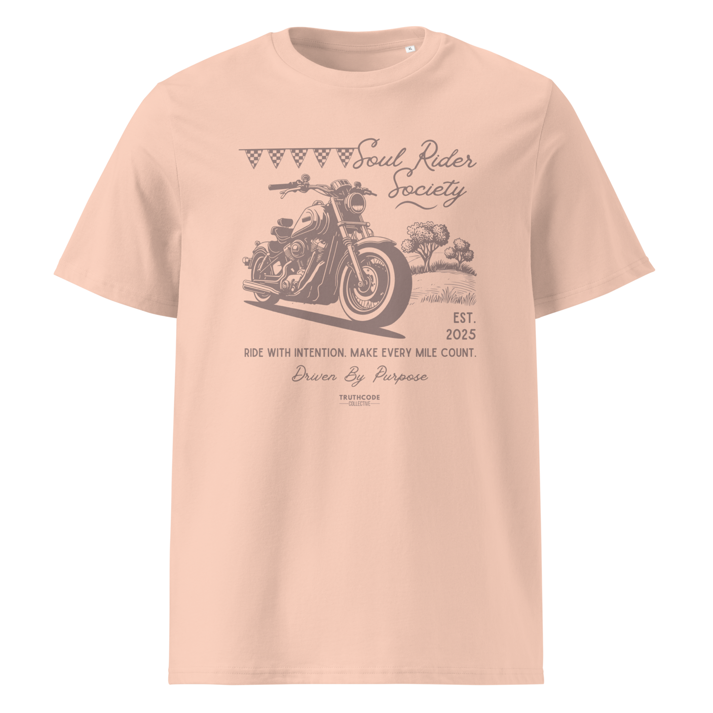 Peach organic t-shirt with motorcycle graphic and text 'Soul rider society, ride with intention, make every mile count' on a white background