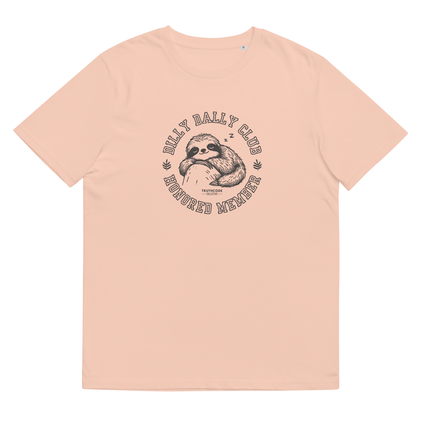 Peach organic t-shirt with sloth graphic and text 'Dilly dally club, honored member' on a white background