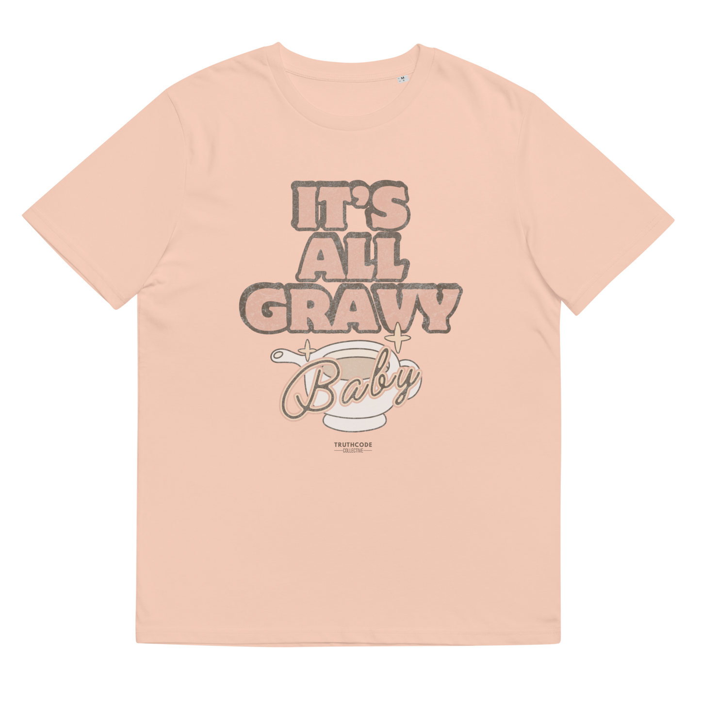 Peach organic t-shirt with 'It's All Gravy Baby' text with a gravy boat graphic design on a white background