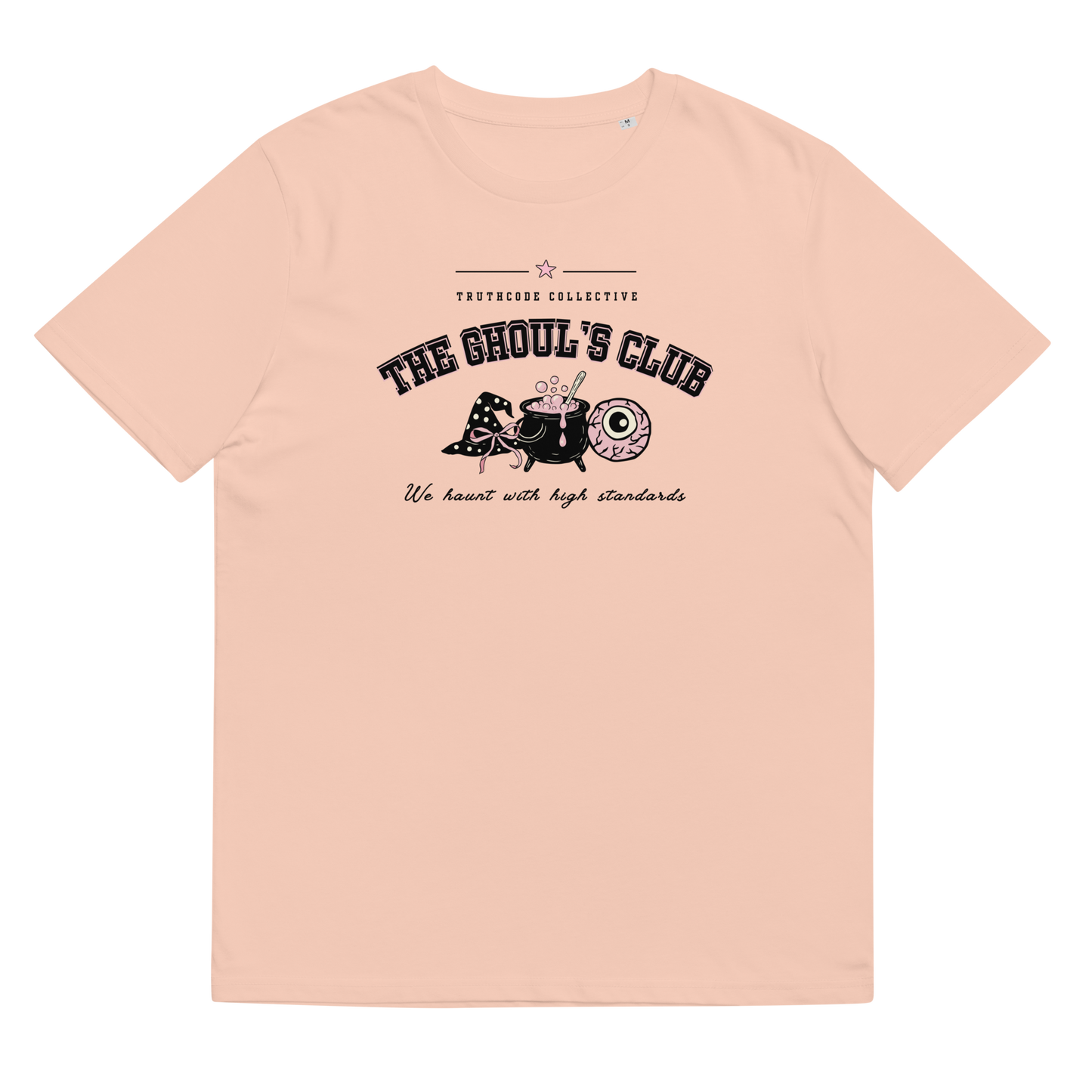 Peach organic t-shirt with 'The Ghoul's Club' text and cartoon halloween graphic design on a white background
