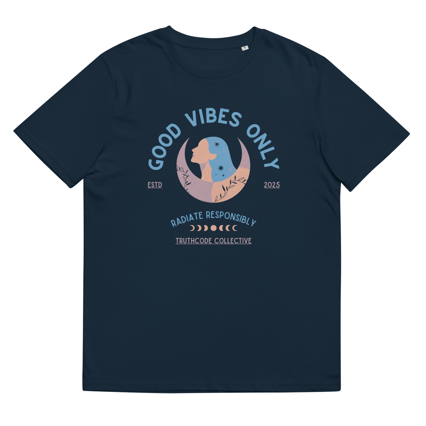 Navy blue t-shirt with 'Good Vibes Only, radiate responsibly' and graphic design of a woman in a crescent moon, shirt on a white background
