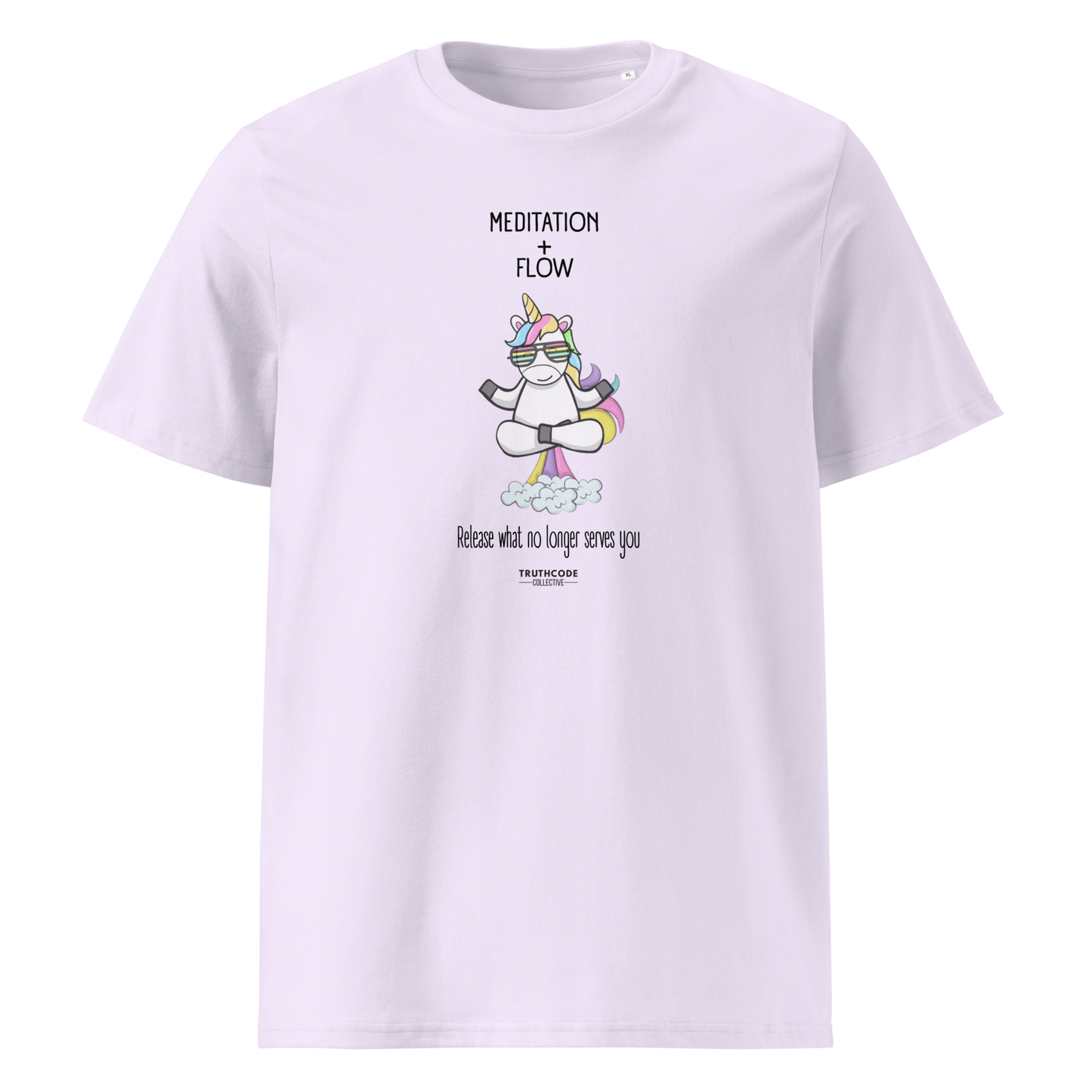 Lavender organic t-shirt with a humorous farting unicorn graphic and text reading 'Meditation + Flow, release what no longer serves you' on a white background