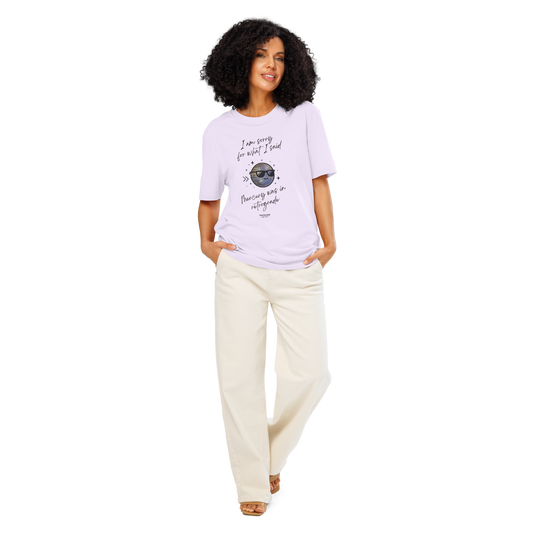 Model wearing lavender organic t-shirt with graphic of a planet wearing sunglasses design and text reading 'I'm sorry for what i said, Mercury was in retrograde' on a white background