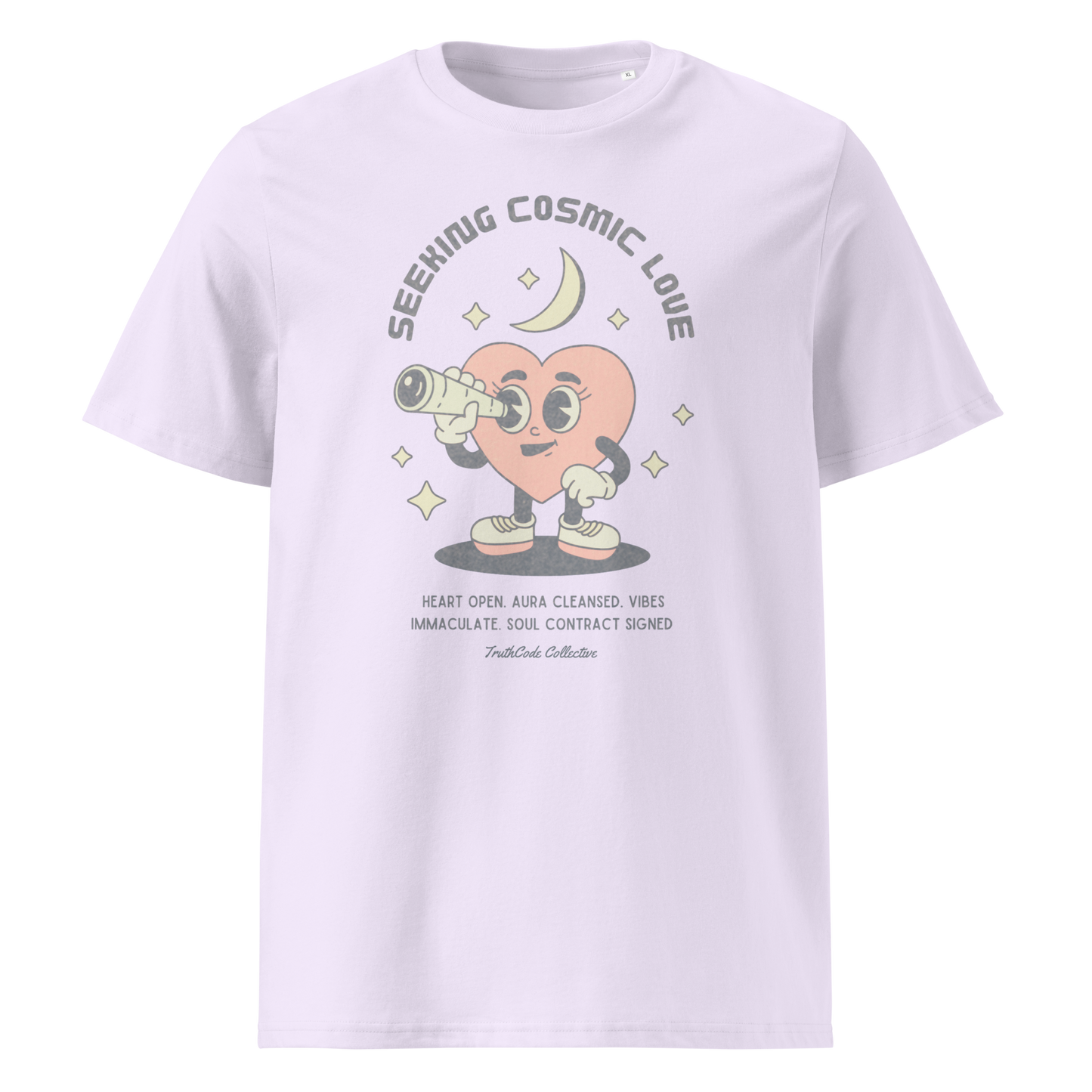 Lavender organic t-shirt with a heart-shaped character holding a telescope and text 'Seeking Cosmic Love' on a white background.