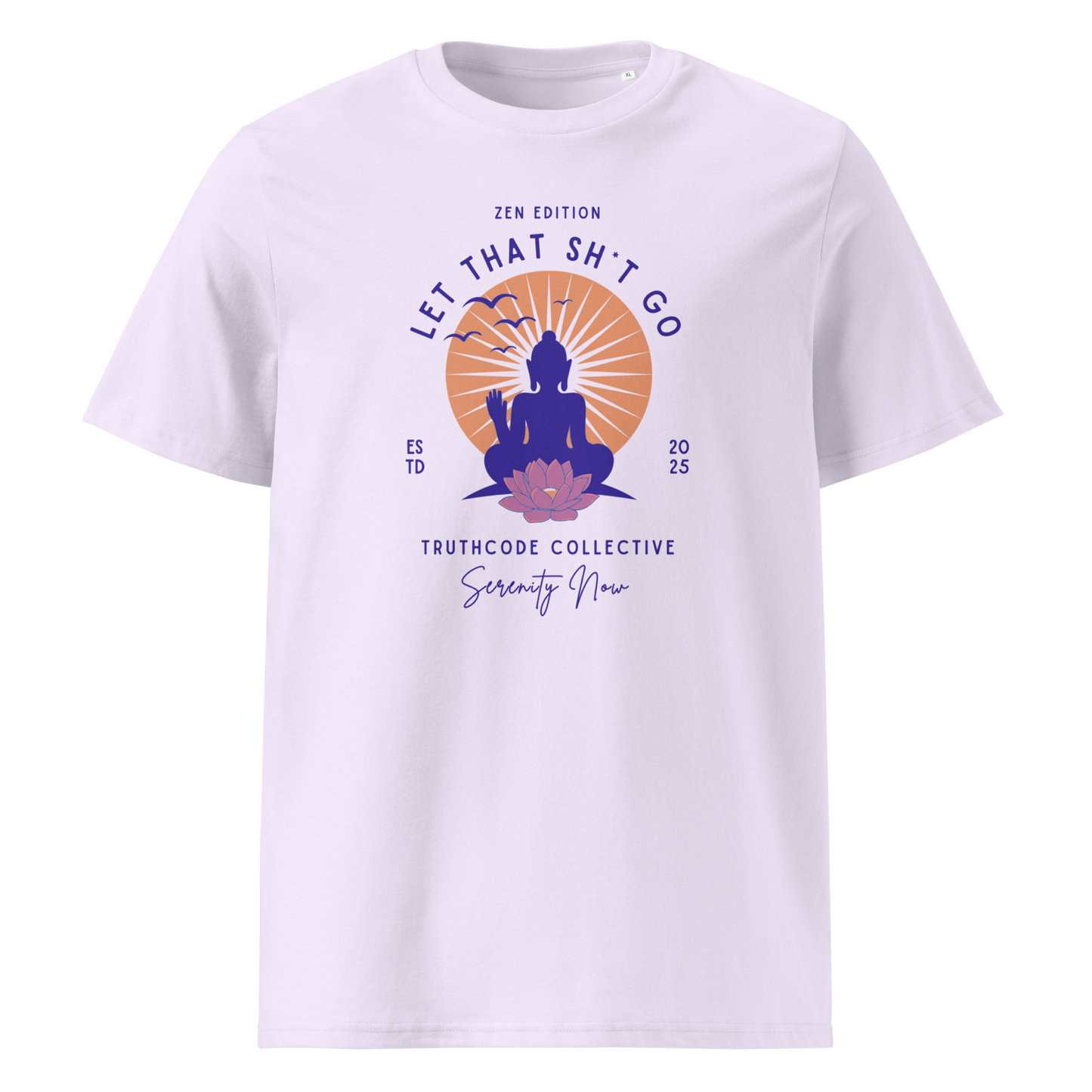 Lavender organic t-shirt with a Buddha graphic and text 'Let that sh*t go' on a white background