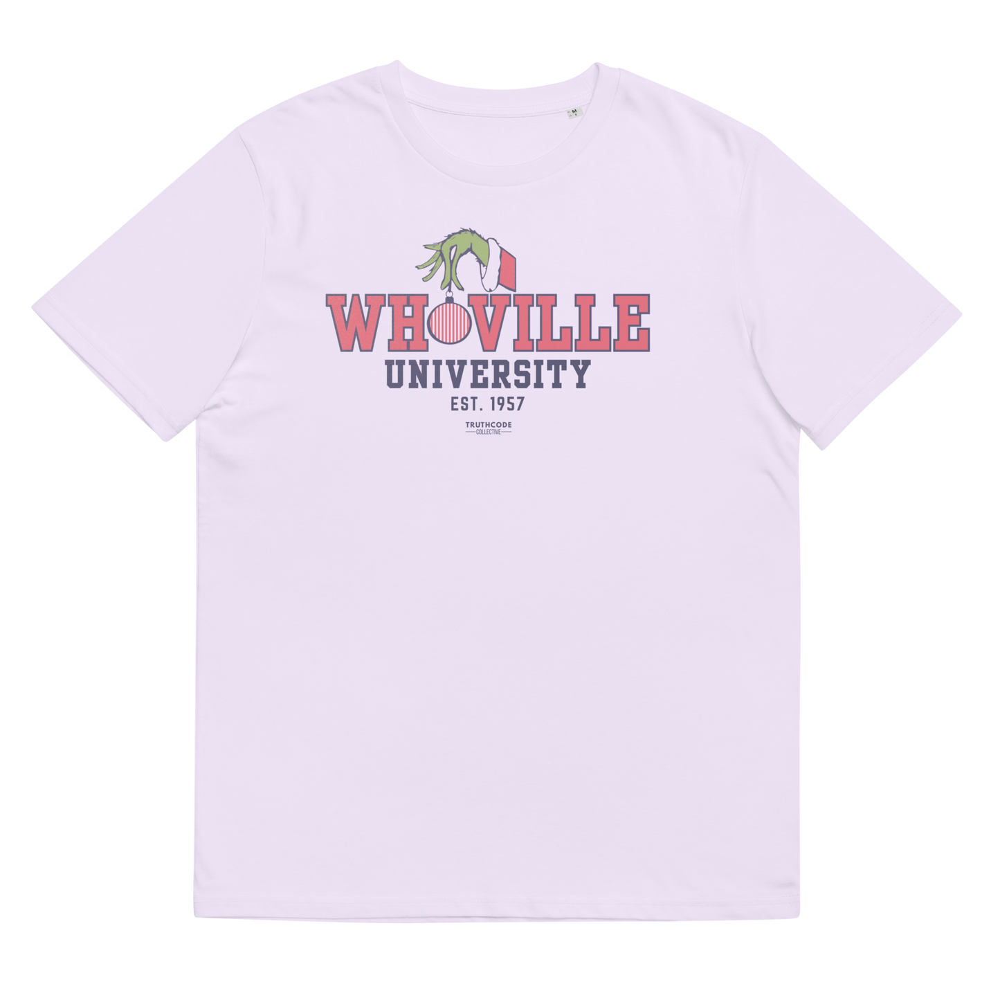 White t-shirt with 'Whoville University' text and graphic on a white background