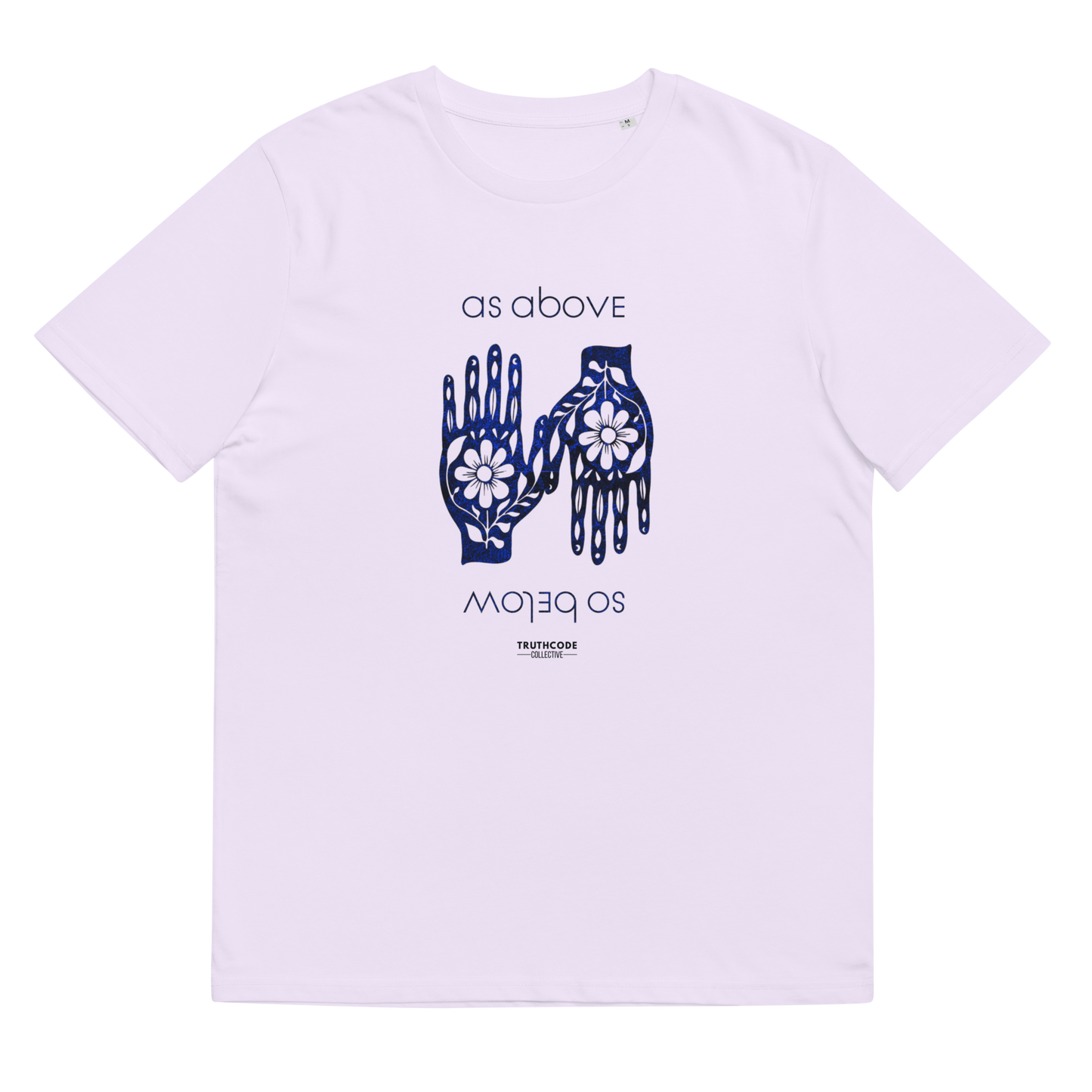 Lavender organic t-shirt with hand graphic design and text 'As above so below' on a white background