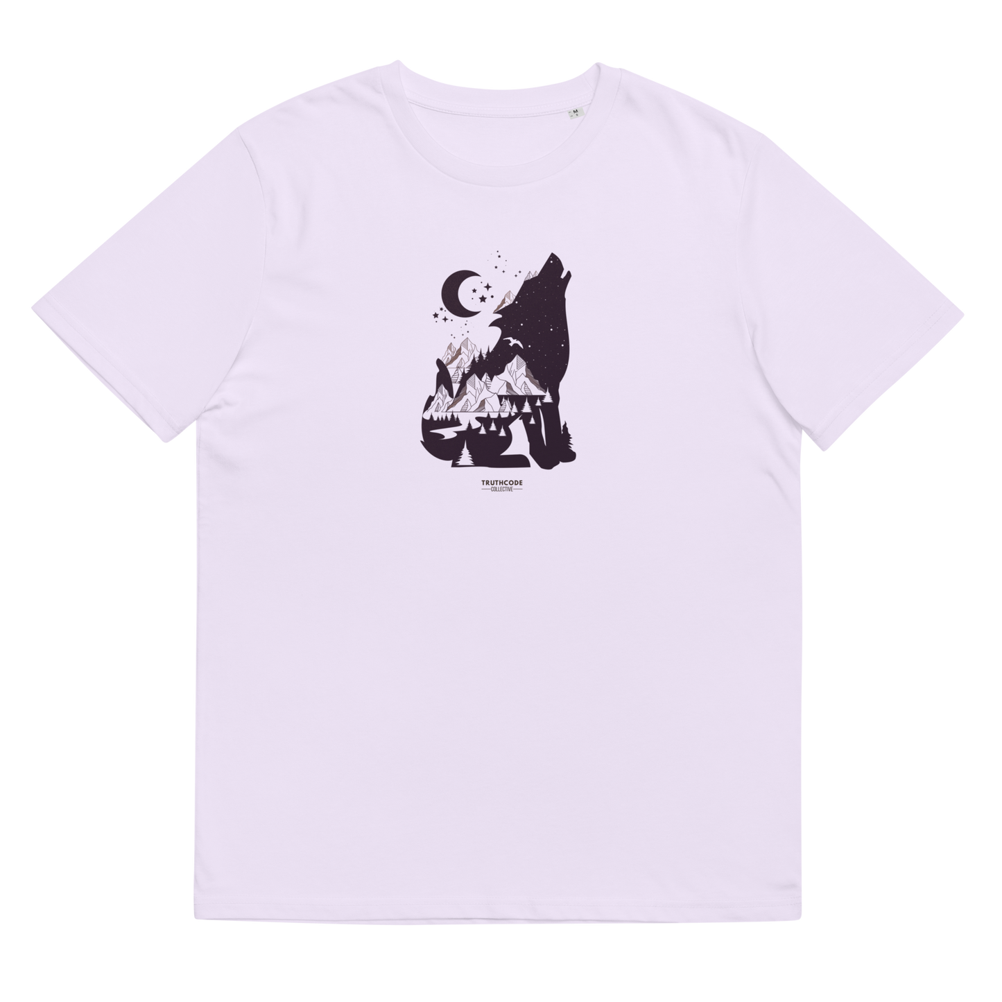 Lavender organic t-shirt with a graphic of a wolf howling at the moon on a white background
