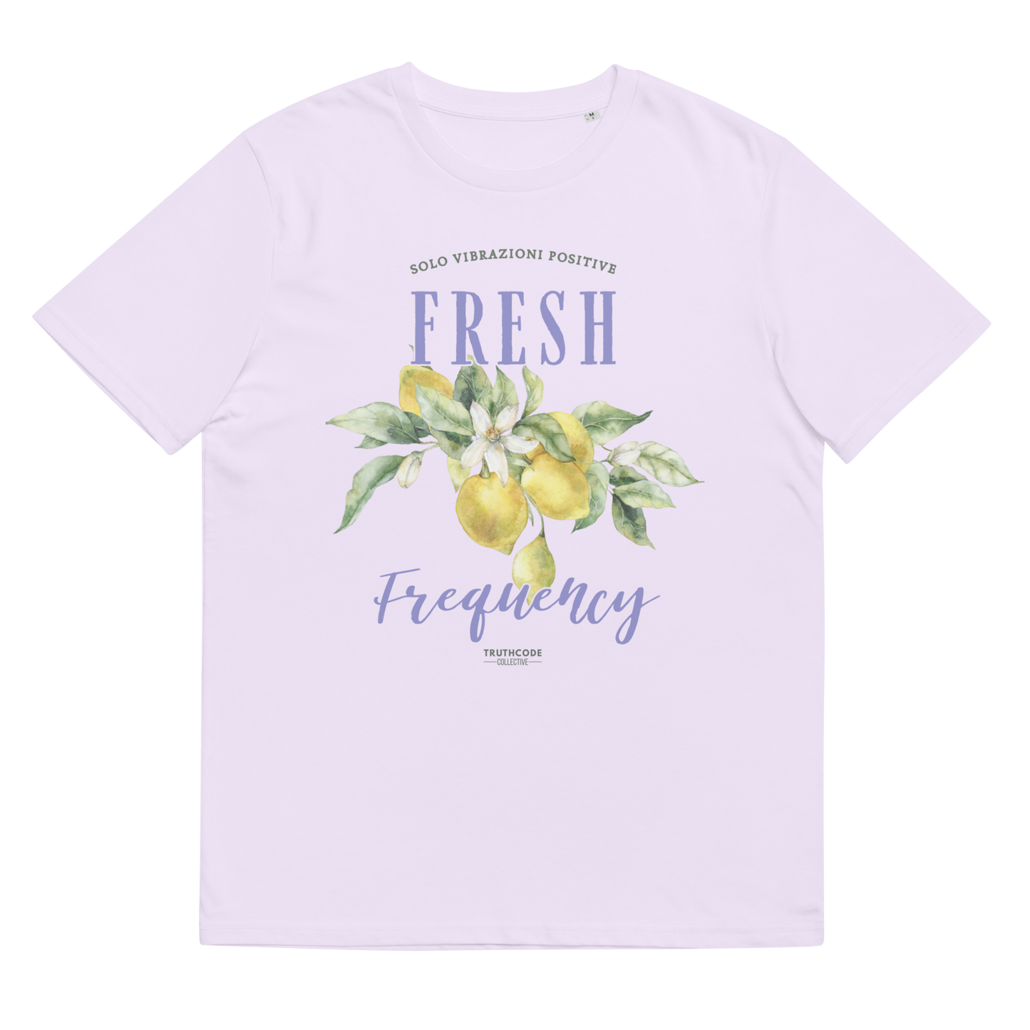 Lavender organic t-shirt with lemon graphic and text 'Fresh frequency' on a white background