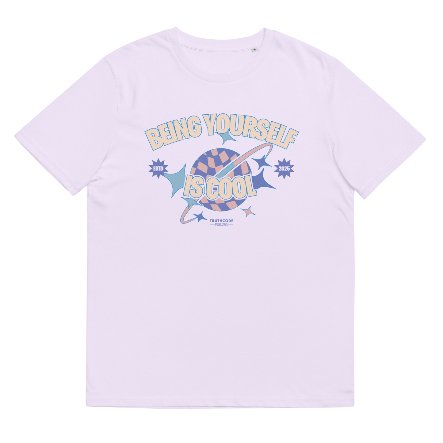 Lavender organic t-shirt with a colorful graphic and text 'Being Yourself is Cool' on a white background