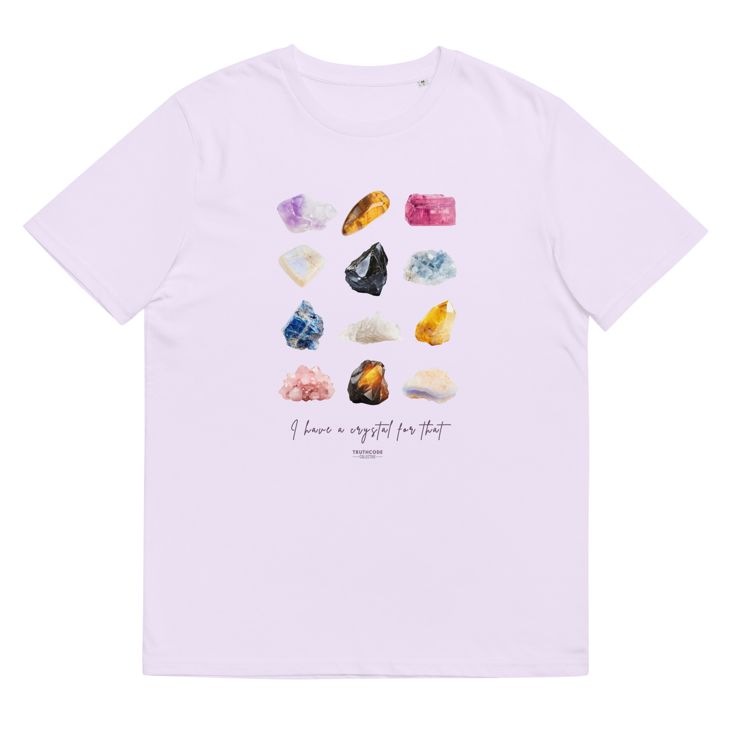 Lavender organic t-shirt with colorful gemstone illustrations and text 'I have a crystal for that' on a plain background