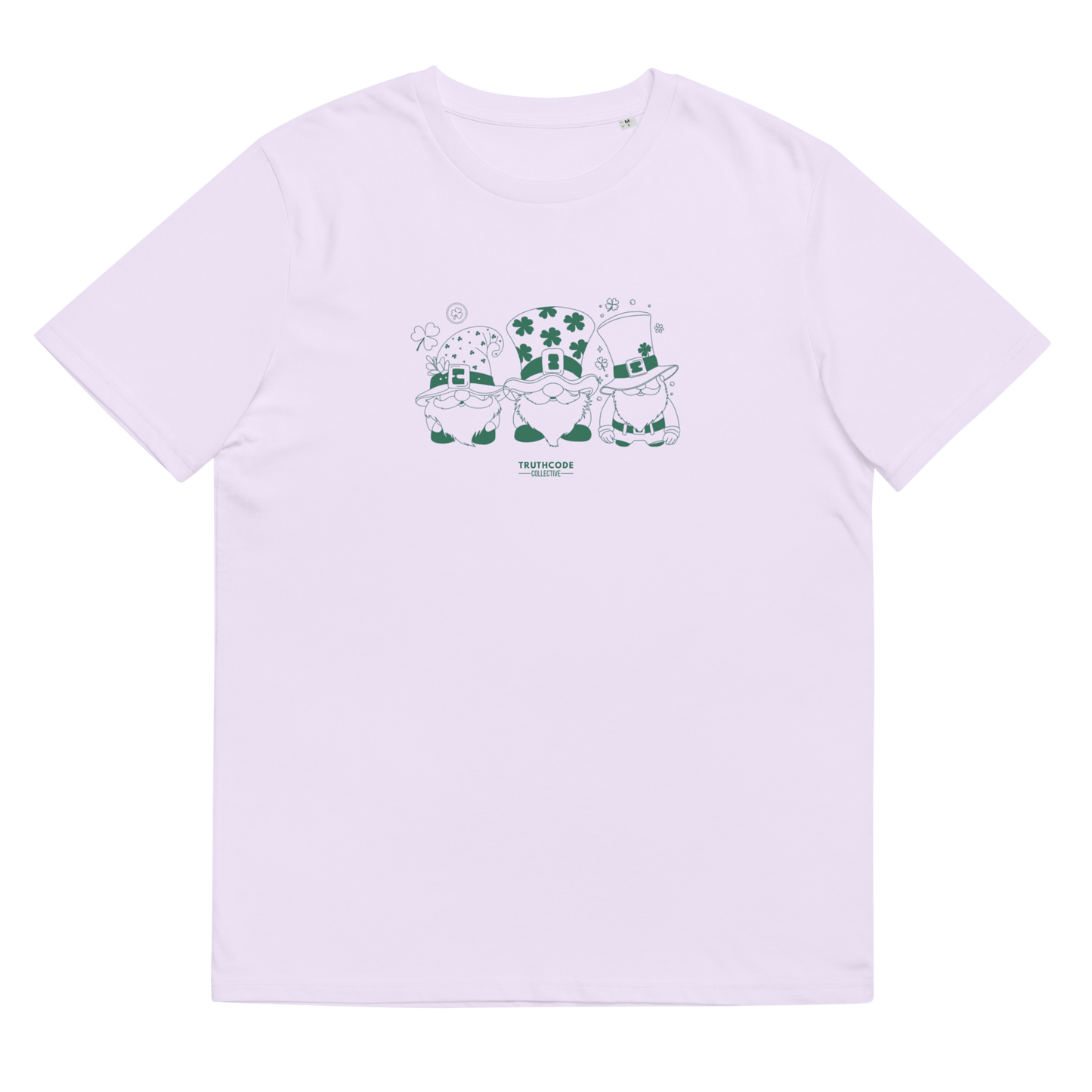 Lavender organic t-shirt with green graphic design of 3 gnome leprechauns,shirt on a white background