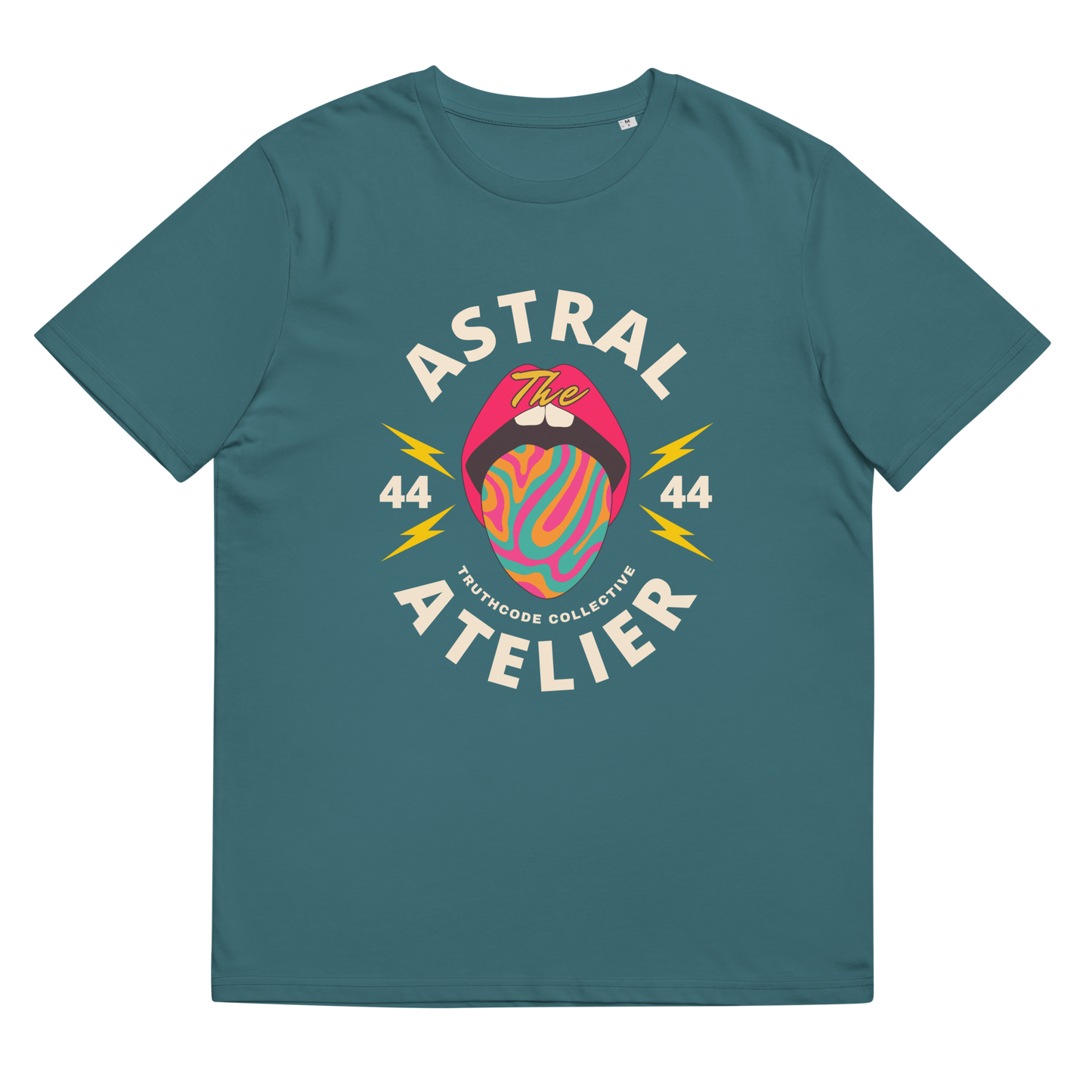 Teal organic t-shirt with a colorful graphic design and text 'Astral Atelier' on a plain background