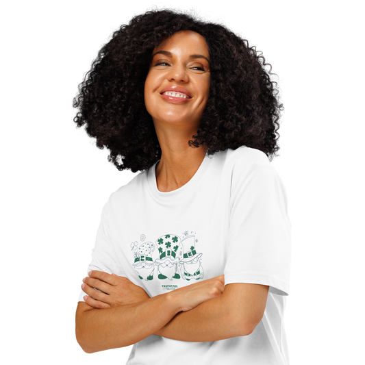 Woman wearing white organic t-shirt with green graphic design of 3 gnome leprechauns,shirt on a white background
