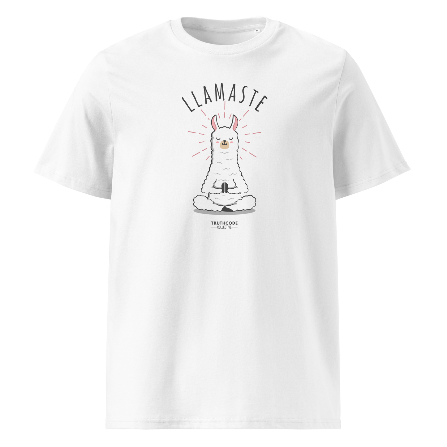 White organic t-shirt with a llama graphic in meditative pose and 'LLAMASTE' text on a white background