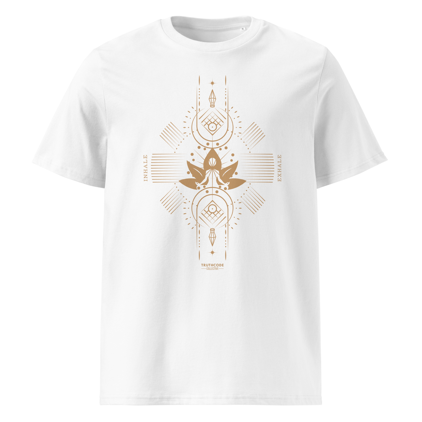 White organic t-shirt with geometric design, lotus flower and meditating person, with text reading 'Inhale, exhale'