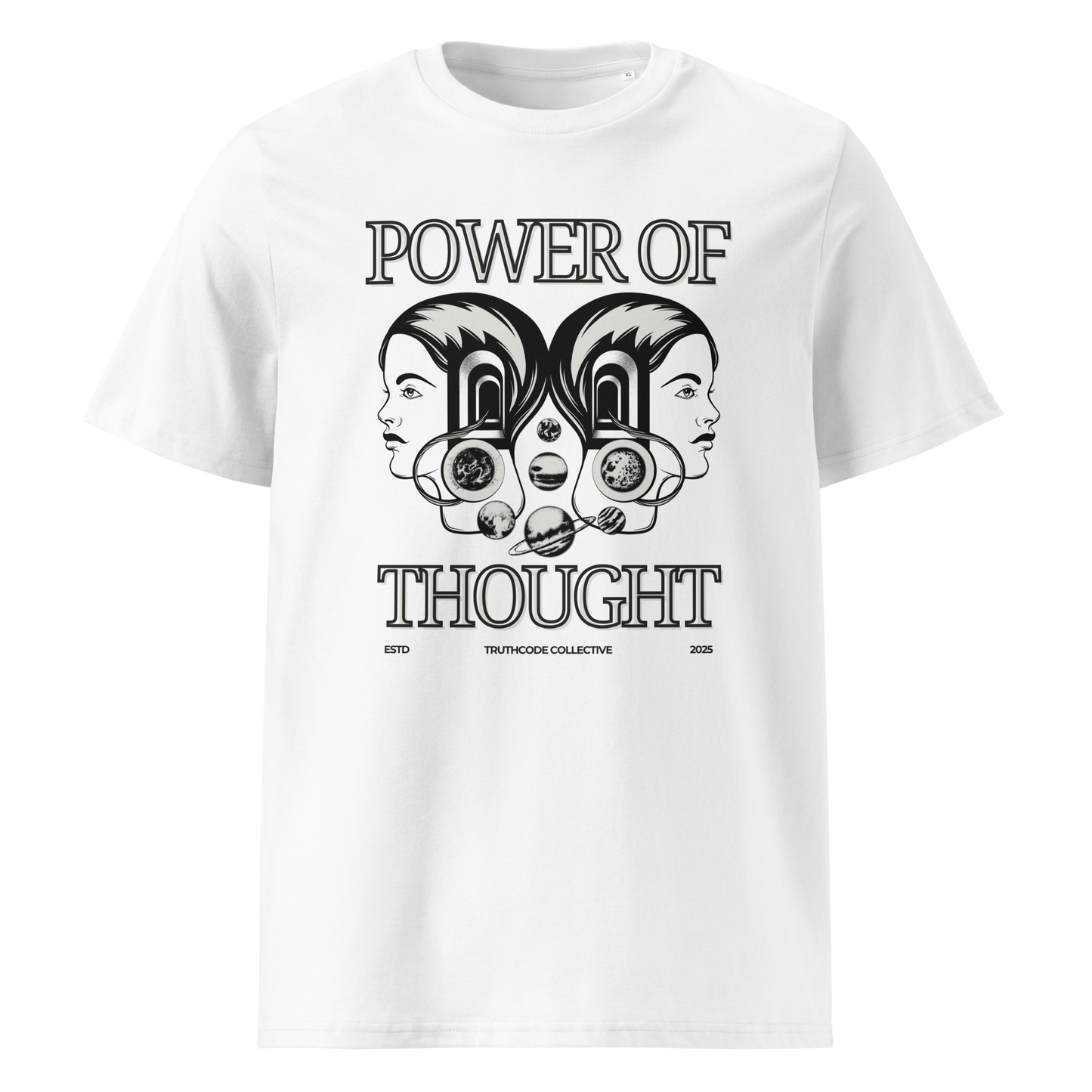 White organic t-shirt with 'Power of Thought' text and design of graphics of the universe coming from 2 heads on a white background