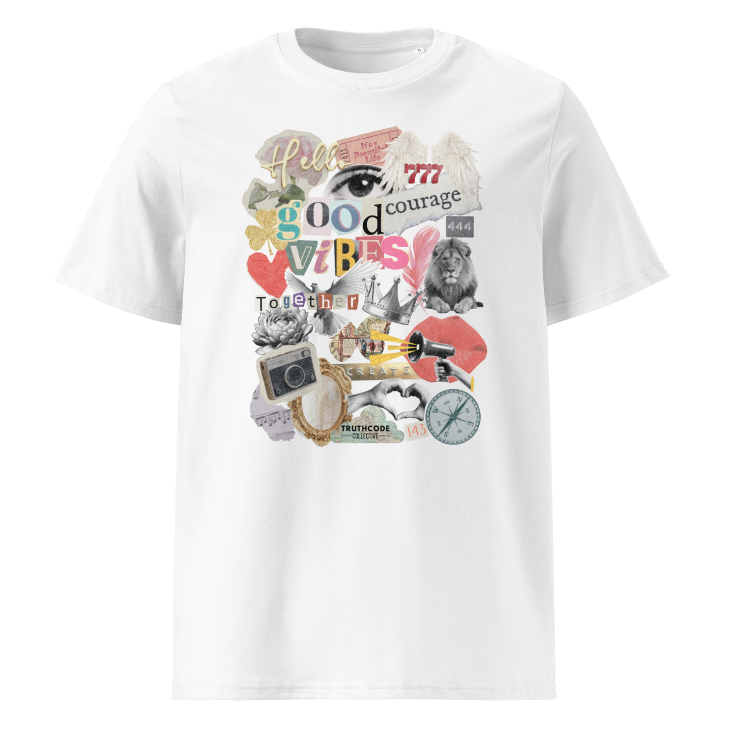 White organic t-shirt with colorful collage graphic designs like a mood board on a white background