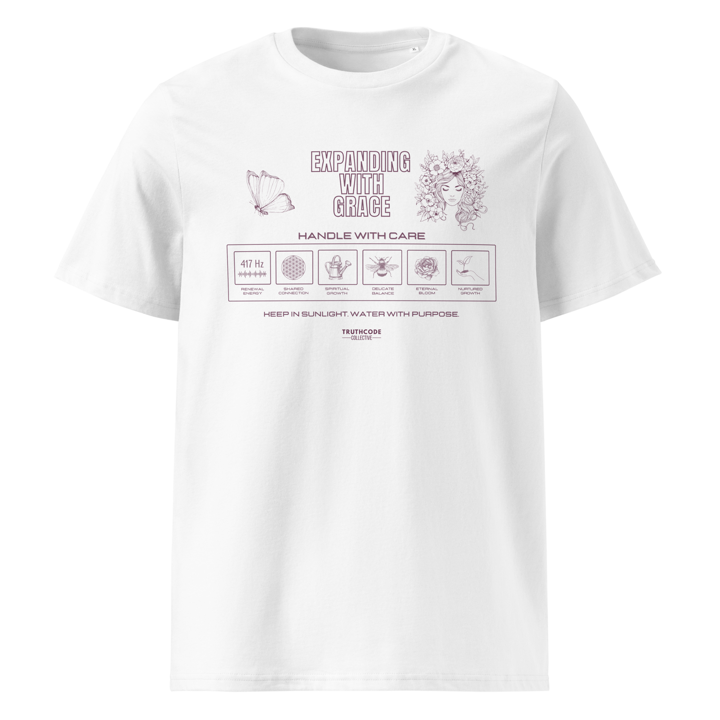 White organic t-shirt with text 'Expanding with grace' with symbols and graphics relating to it on a white background