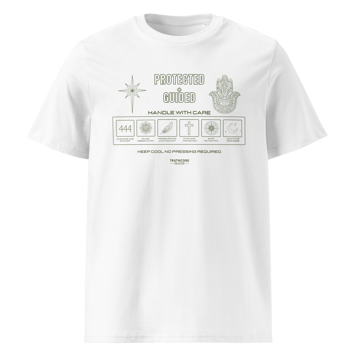 White organic t-shirt with text 'Protected + guided' with symbols and graphics relating to it on a white background