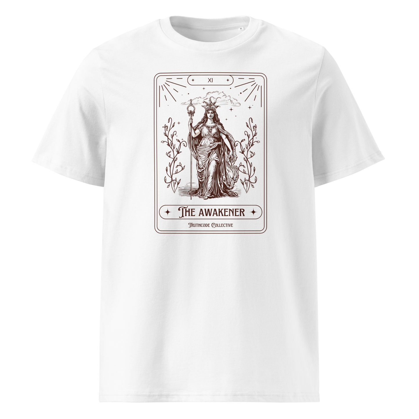 White organic t-shirt with 'The Awakener' tarot card design on a white background