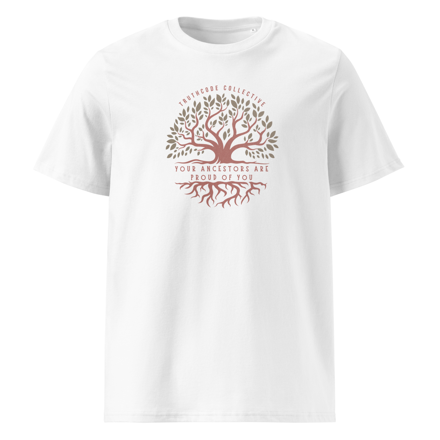 White organic t-shirt with a tree design and text 'Your ancestors are proud of you' on a white background