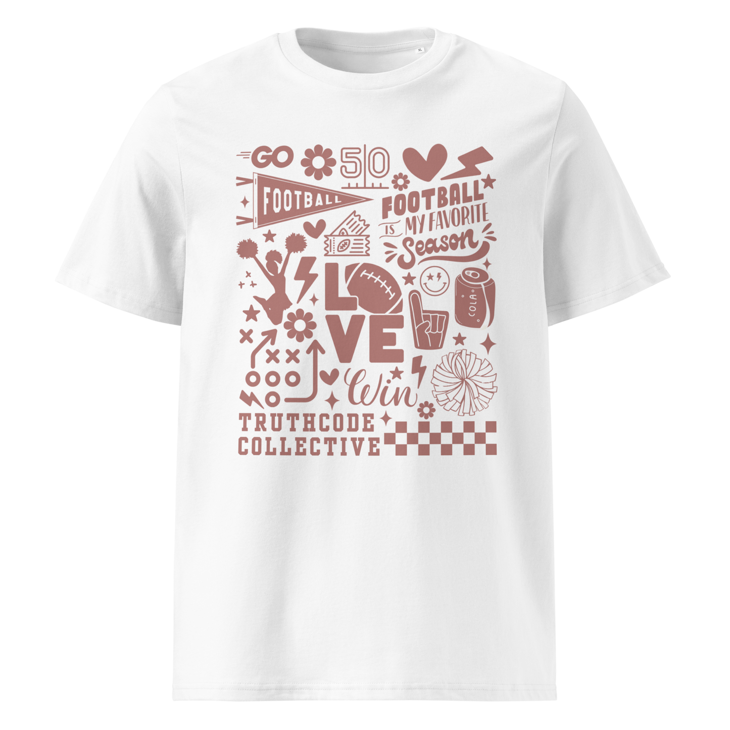 White organic t- shirt with football themed graphics and text 'Football is my favorite season' on a white background