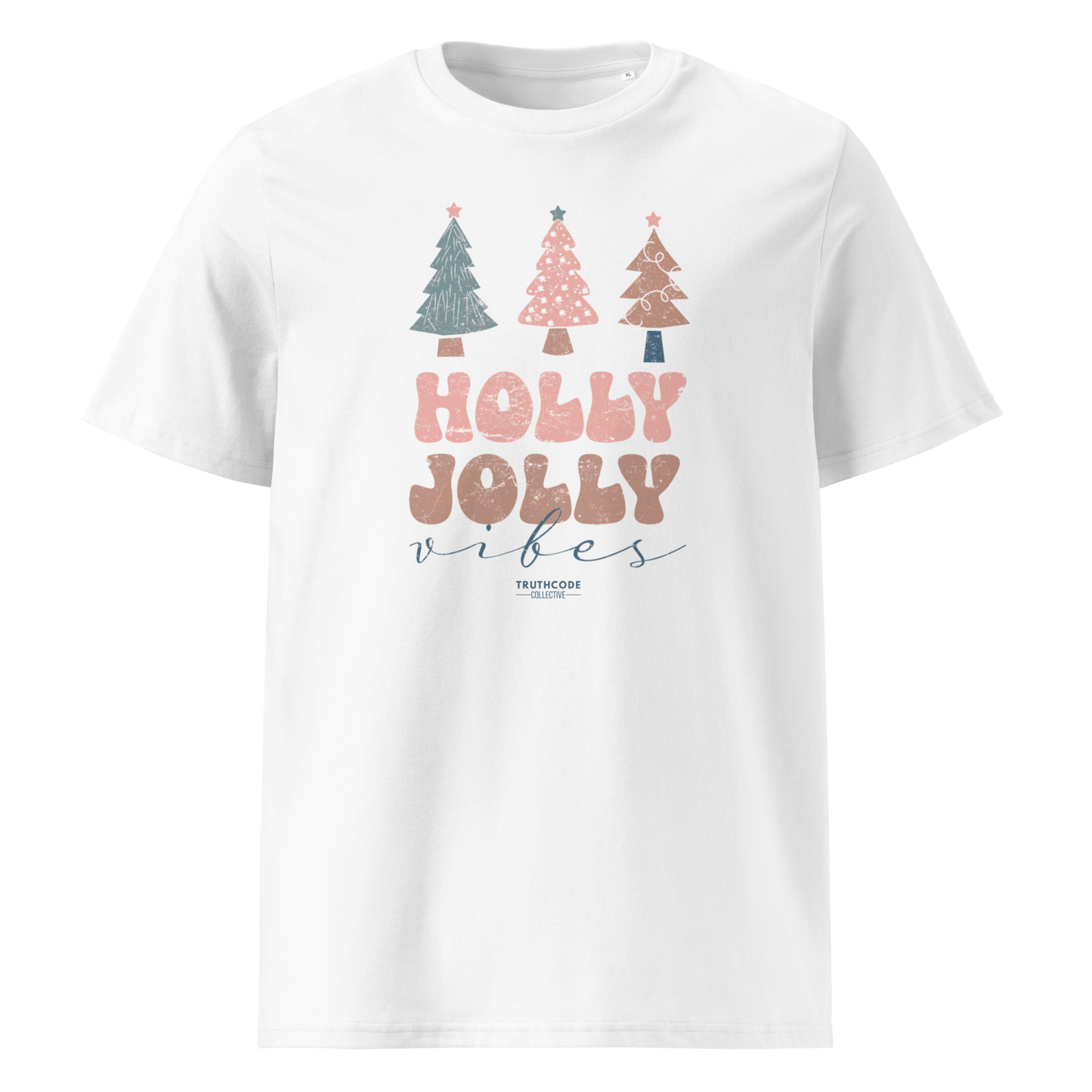 White organic t-shirt with Christmas tree design and 'Holly Jolly vibes' text on a white background