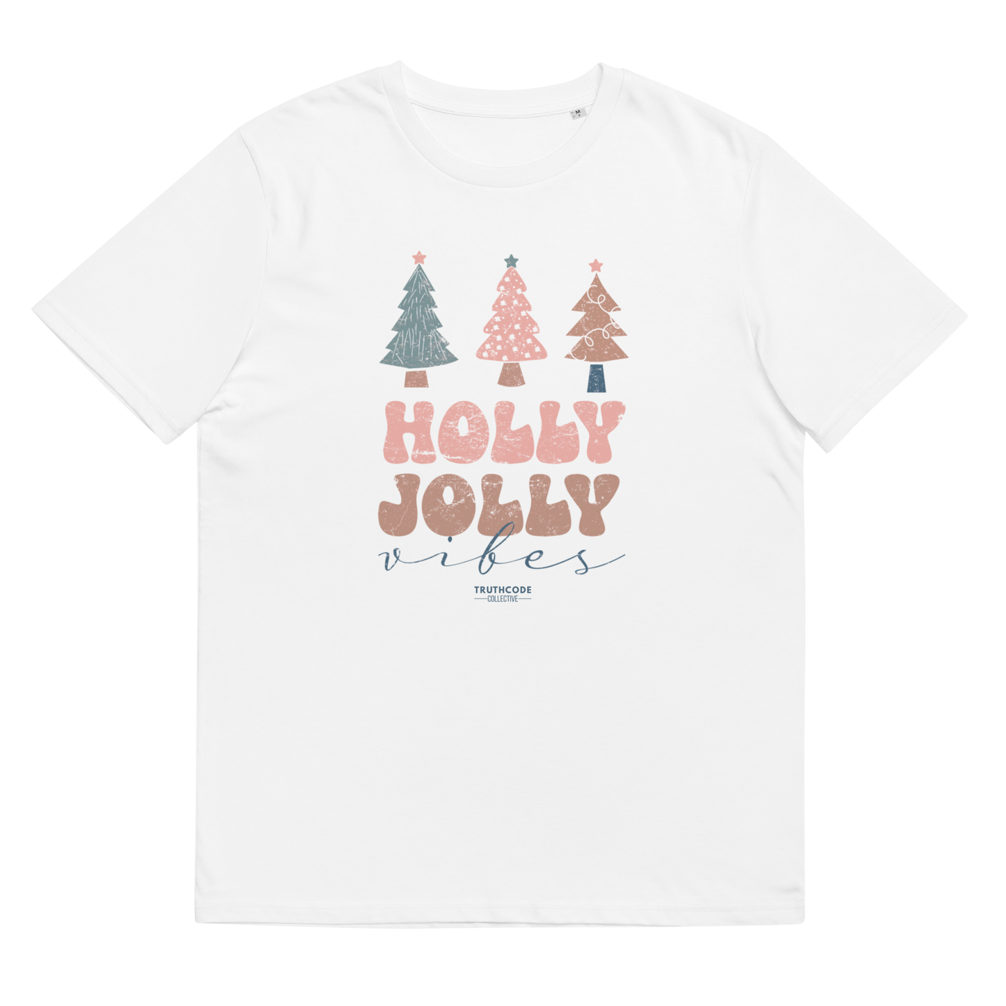 White t-shirt with Christmas tree design and 'Holly Jolly Vibes' text on a white background