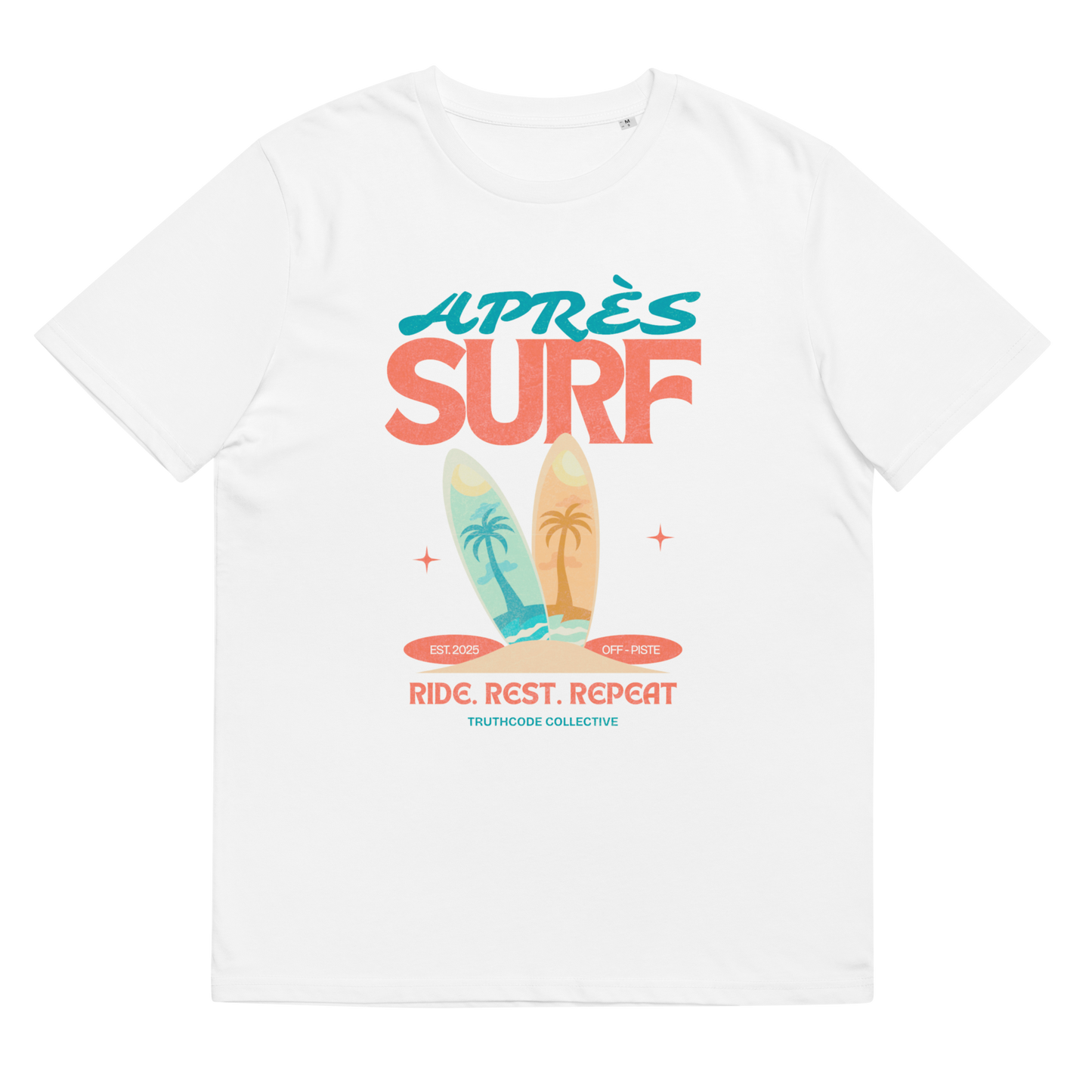 White organic t-shirt with colorful 'Après Surf' design featuring surfboards and palm trees on a white background.