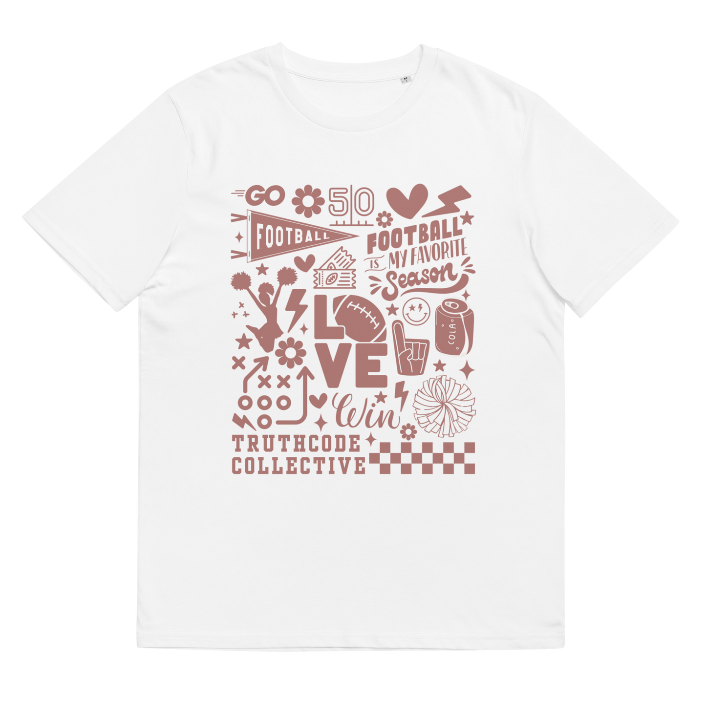 White organic t-shirt with football collage graphic design and text 'Football is my favorite season' on a white background