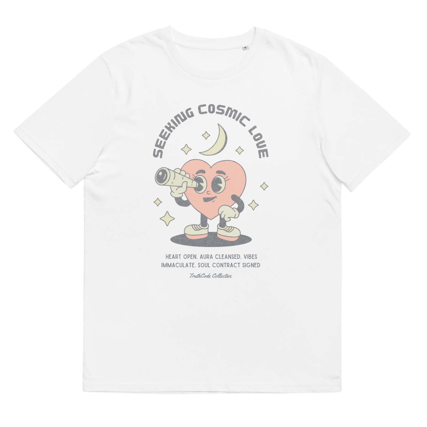 White organic t-shirt with a heart-shaped character holding a telescope and text 'Seeking Cosmic Love' on a white background.