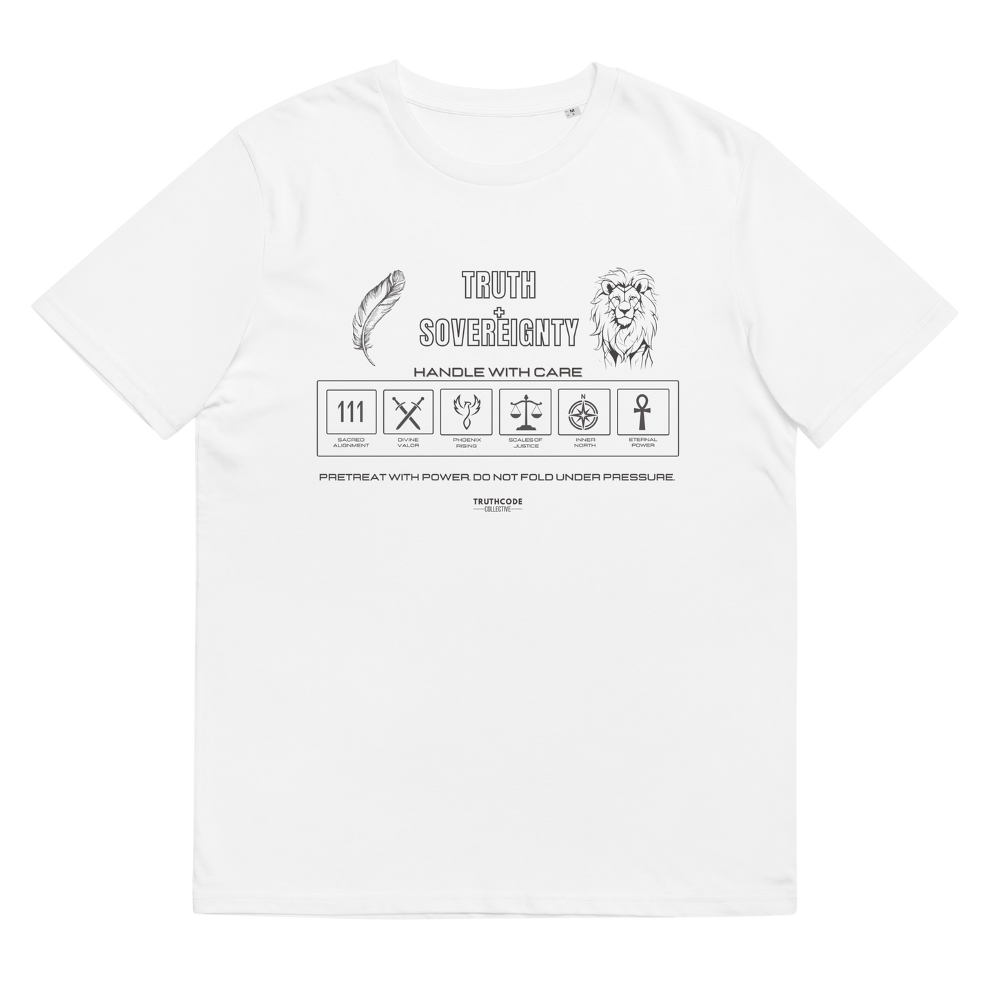 White organic t-shirt with text 'Truth + Sovereignty' with laundry tag style graphic design symbols relating to the text on a white background