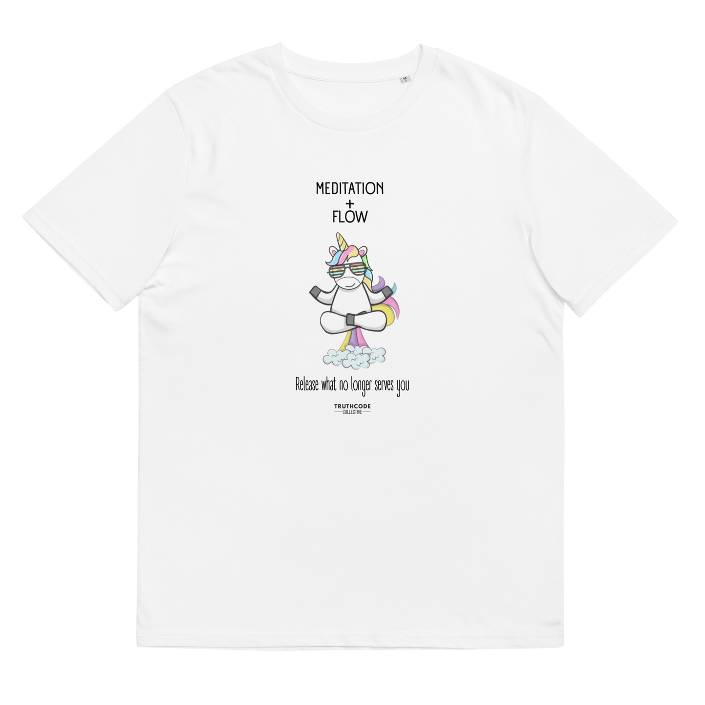 White organic t-shirt with a unicorn farting a rainbow graphic and text 'Meditation + Flow, release what no longer serves you' on a white background