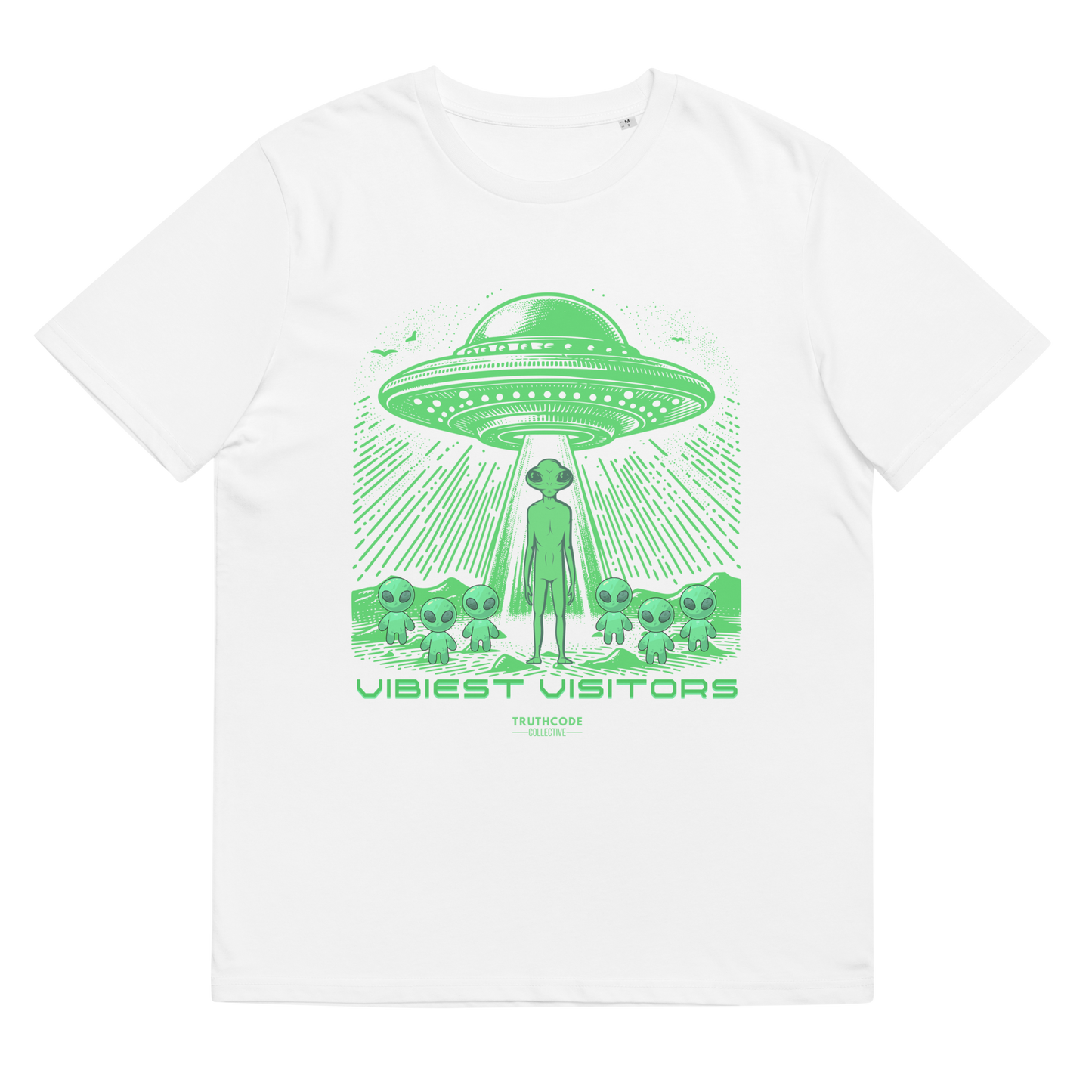 White organic t-shirt with green alien and UFO graphic and text 'Vibiest visitors' on a white background