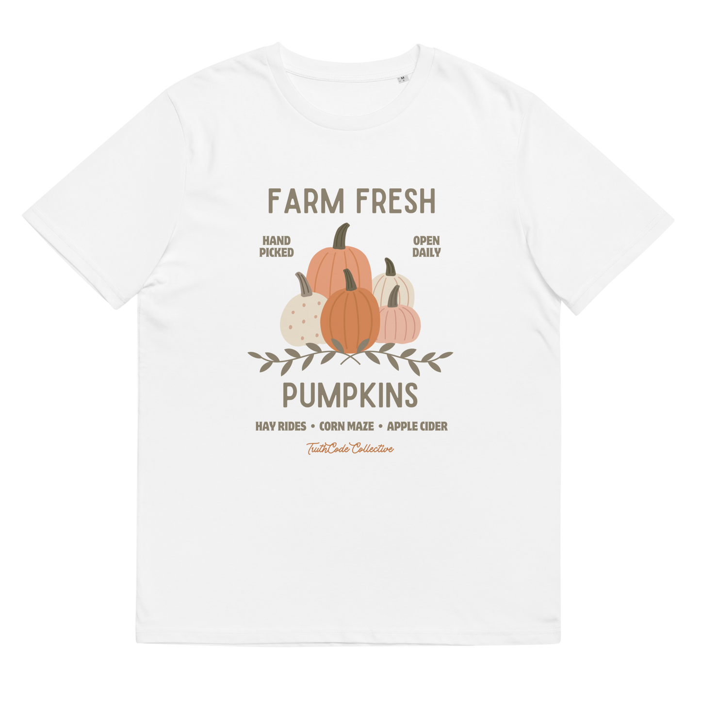 White organic t-shirt with pumpkin graphic and text 'Farm fresh pumpkins, hay rides, corn maze, apple cider' on a white background