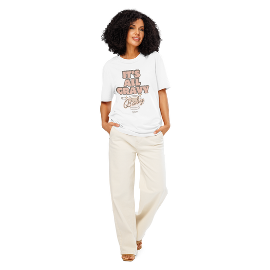 Woman wearing white organic t-shirt with 'It's All Gravy Baby' text with a gravy boat graphic design on a white background