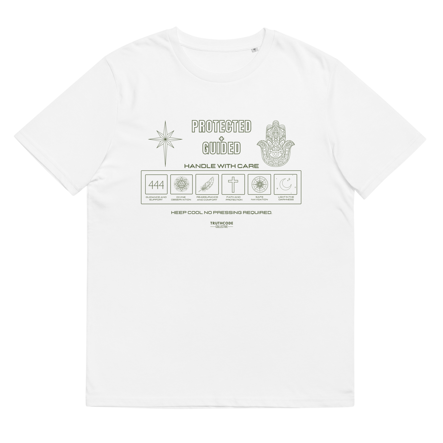 White organic t-shirt with 'Protected + Guided' text and laundry tag style graphic design with elements relating to protection on a white background
