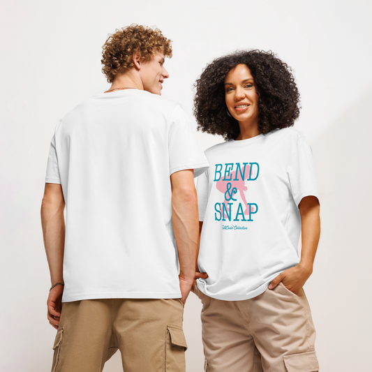 Models wearing white organic t-shirt with 'Bend & Snap' text and football center graphic design, on a white background
