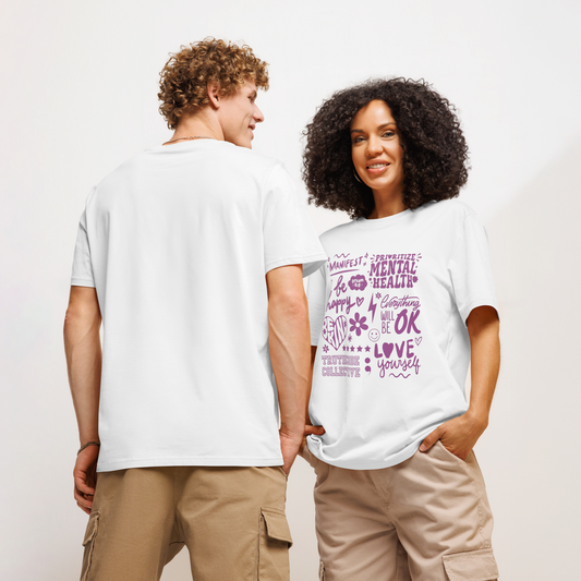 Models wearing white organic t-shirt with purple motivational text and graphics 'Prioritize mental health, manifest, be happy, everything will be okay...' on a white background
