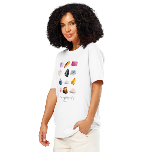Woman wearing white organic t-shirt with colorful crystal graphics and text 'I have crystals for that' on a white background