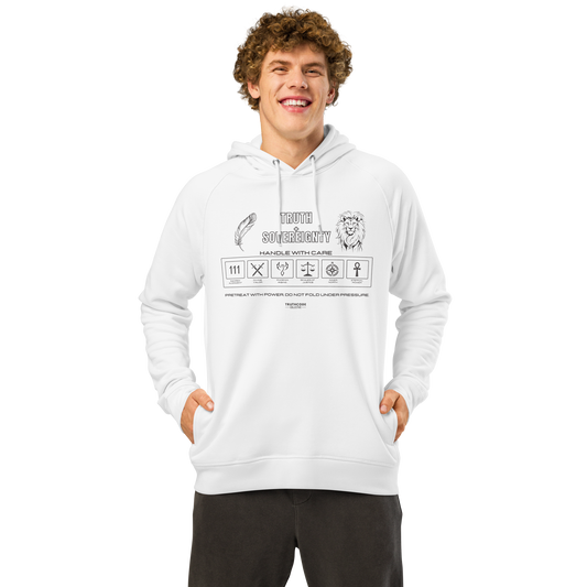 Guy wearing white organic hoodie with text 'Truth + Sovereignty' with symbols graphics relating to it on a white background