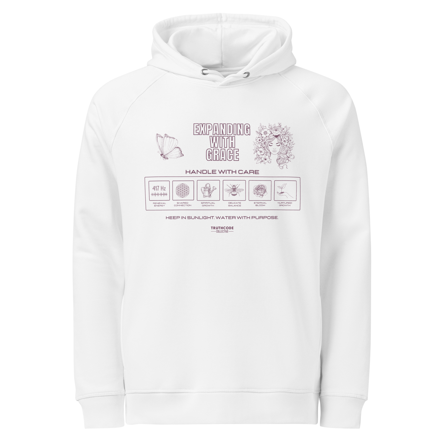 White organic hoodie with graphic design like a laundry tag and text 'Expanding with grace' on a white background
