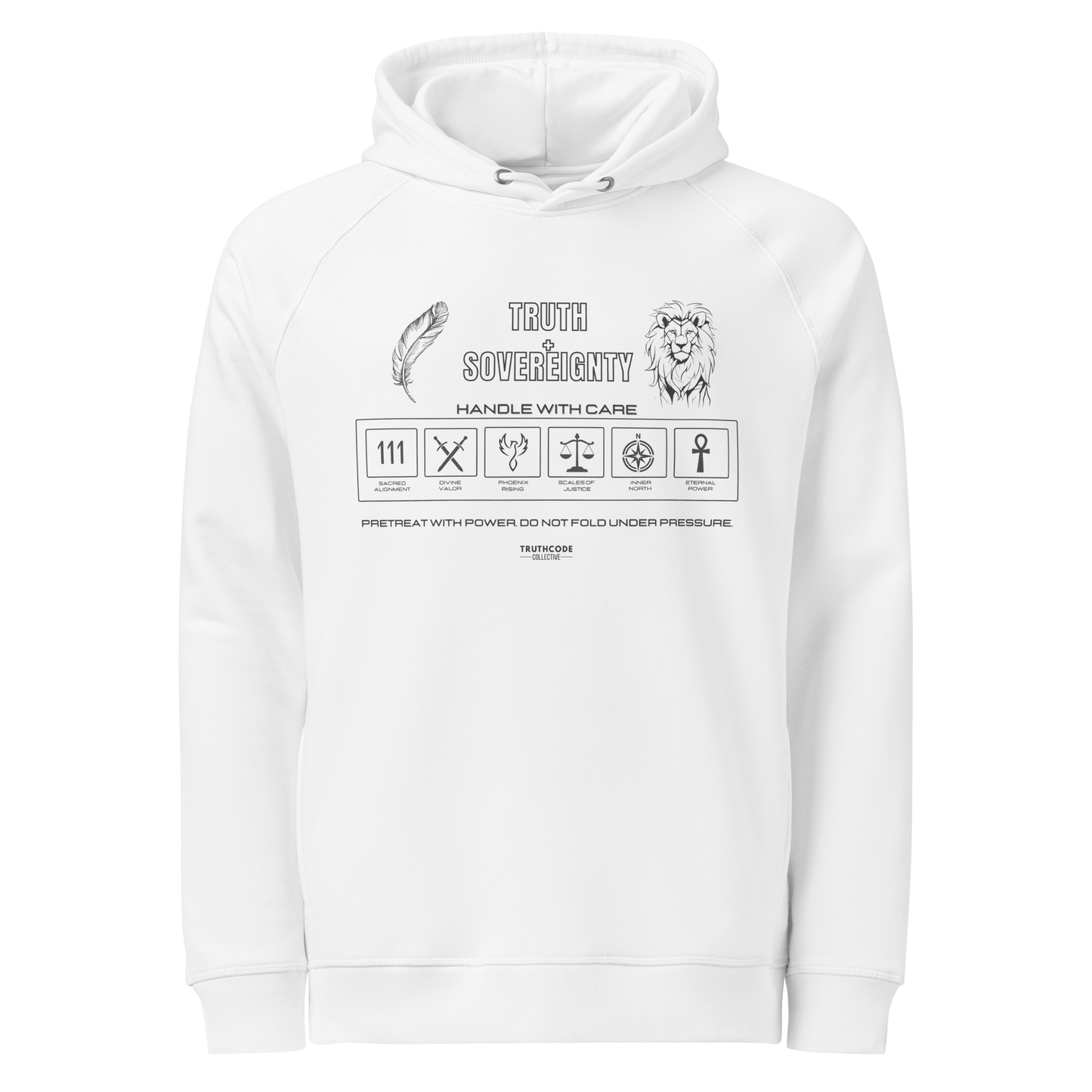 White organic hoodie with graphic design like a laundry tag and text 'Truth + Sovereignty' on a white background